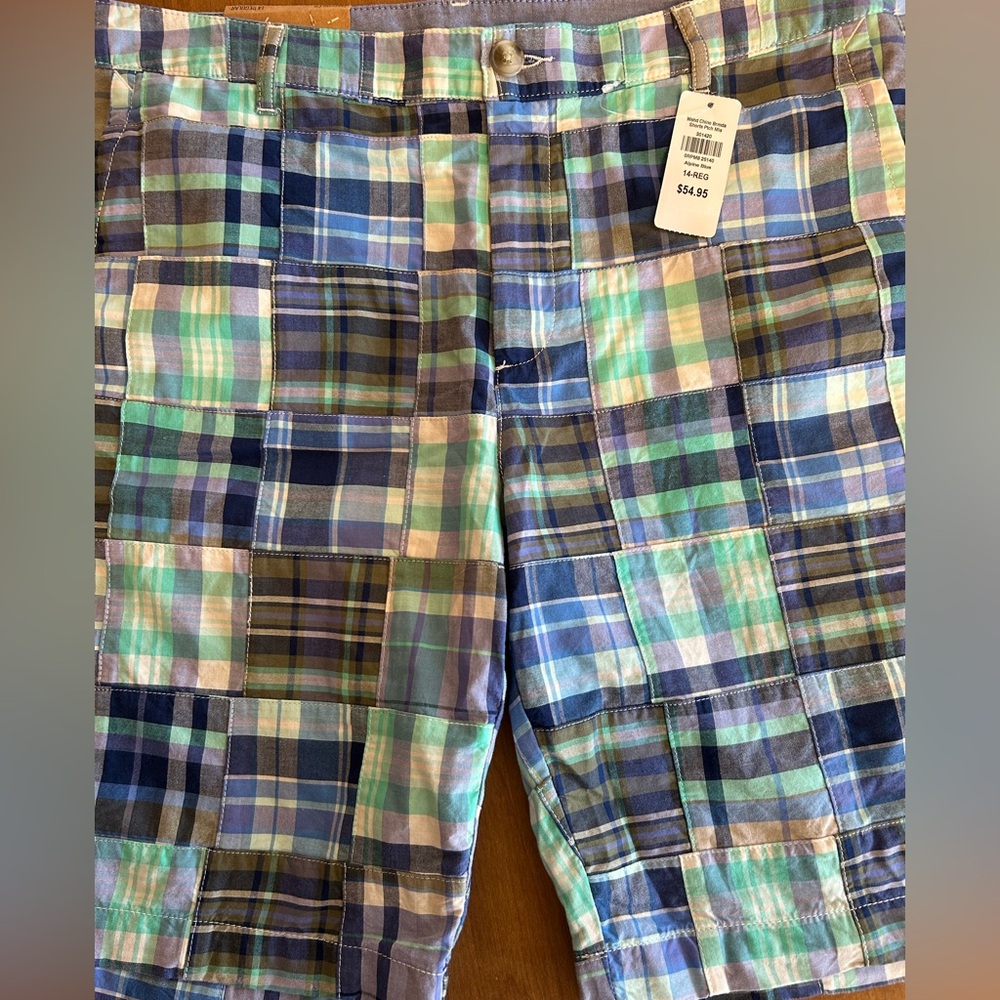 L.L. Bean NWT Madras Alpine Blue Shorts Patchwork Size 14